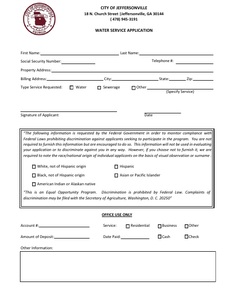 First page of the Water Service Application