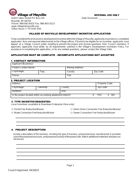 First page of the Development Incentive Application