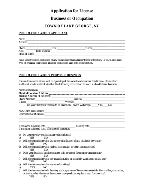 First page of the Application for License Business or Occupation