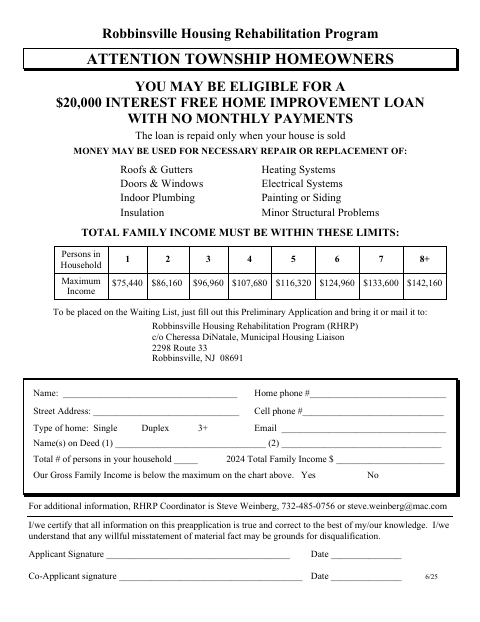 First page of the Housing Rehabilitation Preliminary Application