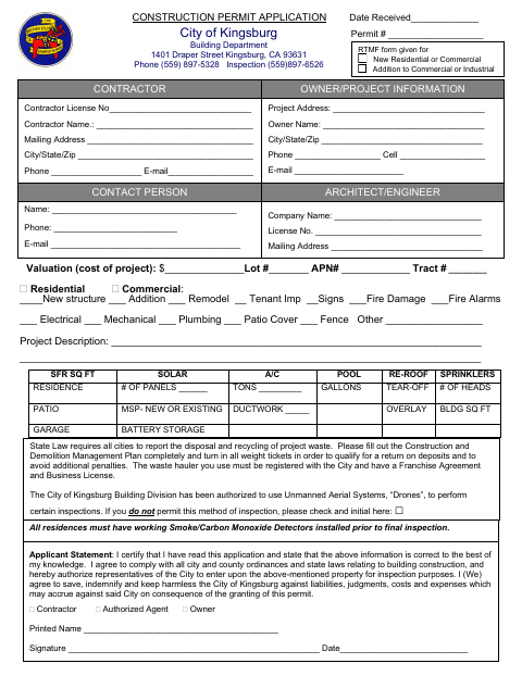 First page of the Construction Permit Application