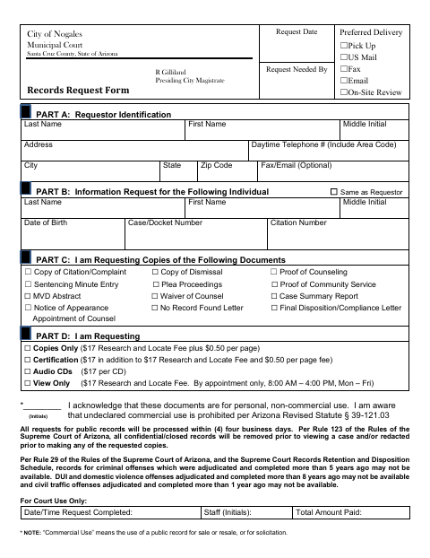 First page of the Records Request Form