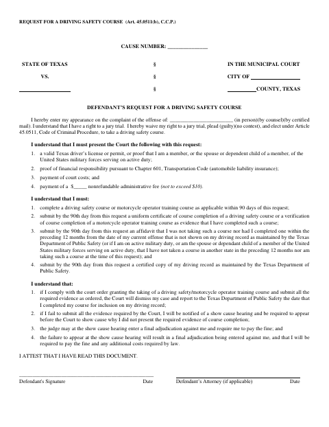 First page of the Request for a Driving Safety Course