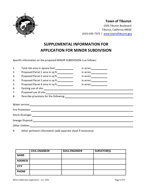 First page of the Minor Subdivision Application