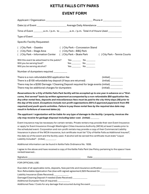 First page of the Parks Event Form