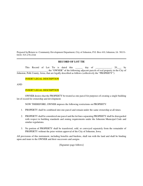 First page of the Record of Lot Tie