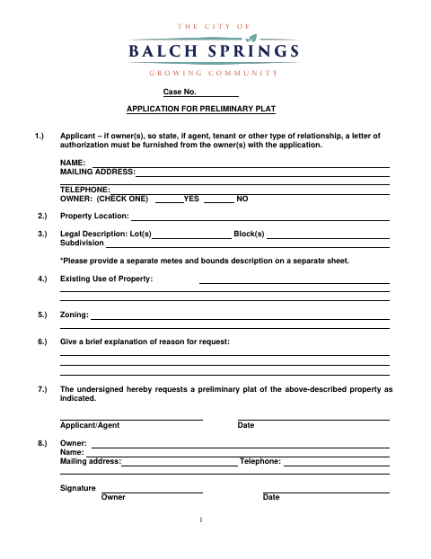 First page of the Preliminary Plat Application