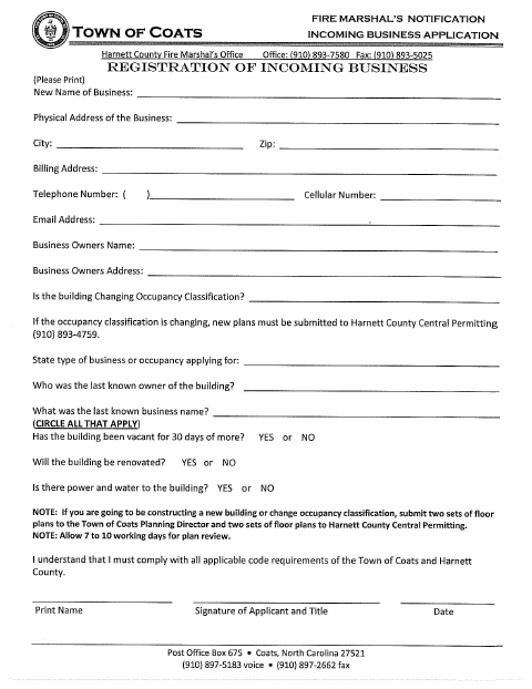 First page of the Fire Marshal Incoming Business Application