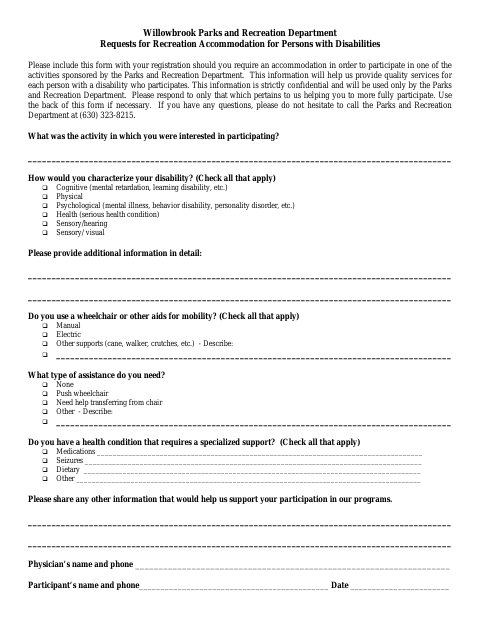 First page of the Requests for Recreation Accommodation for Persons with Disabilities
