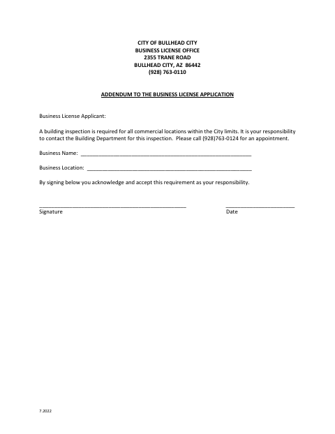 First page of the Addendum to the Business License Application