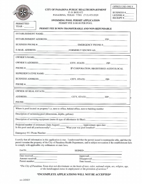 First page of the Swimming Pool Permit Application