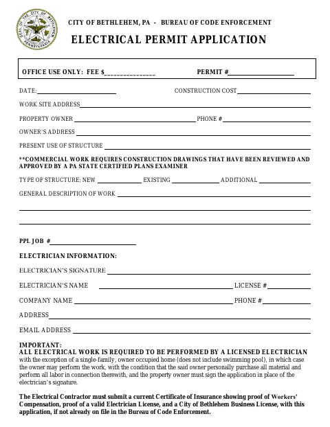 First page of the Electrical Permit Application