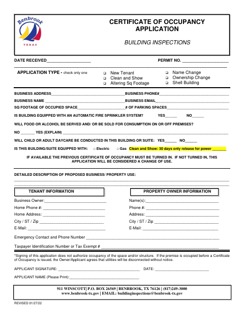 First page of the Certificate of Occupancy Application