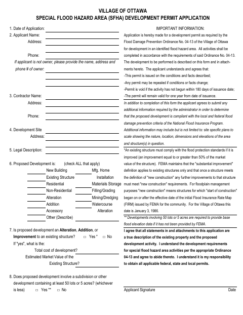 First page of the Special Flood Hazard Area (SFHA) Development Permit Application