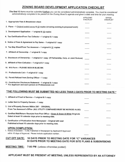First page of the Zoning Board Development Application Checklist