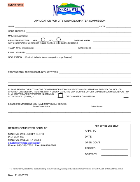 First page of the Application for City Council/Charter Commission