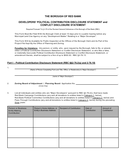 First page of the Developers’ Political Contribution and Conflict Disclosure Statement