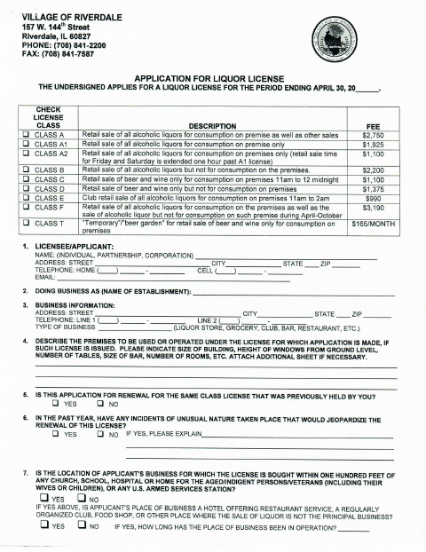 First page of the Liquor License Application