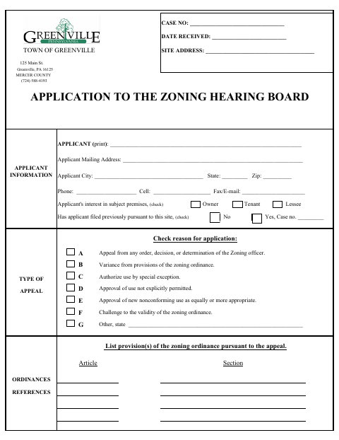 First page of the Application to the Zoning Hearing Board