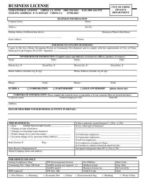 First page of the Business License Application