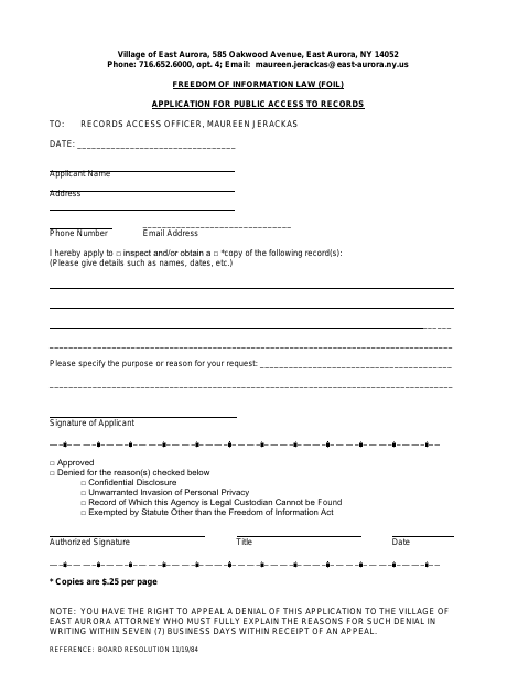 First page of the Freedom of Information Law (FOIL) Application for Public Access to Records
