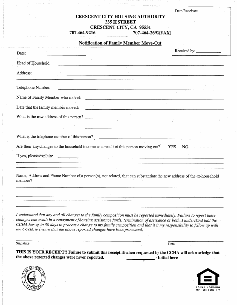 First page of the Family Member Move-Out Notification