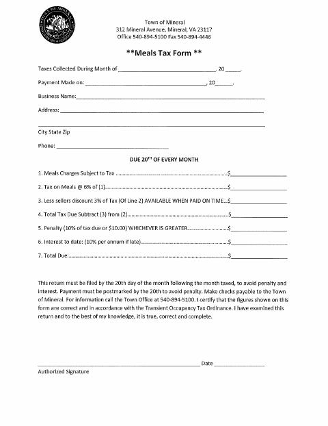 First page of the Meals Tax Form