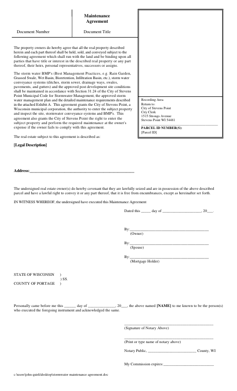 First page of the Stormwater Maintenance Agreement