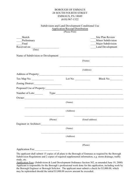 First page of the Subdivision and Land Development Conditional Use Application/Receipt/Distribution