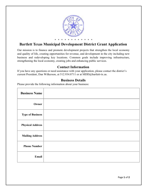 First page of the Municipal Development District Grant Application