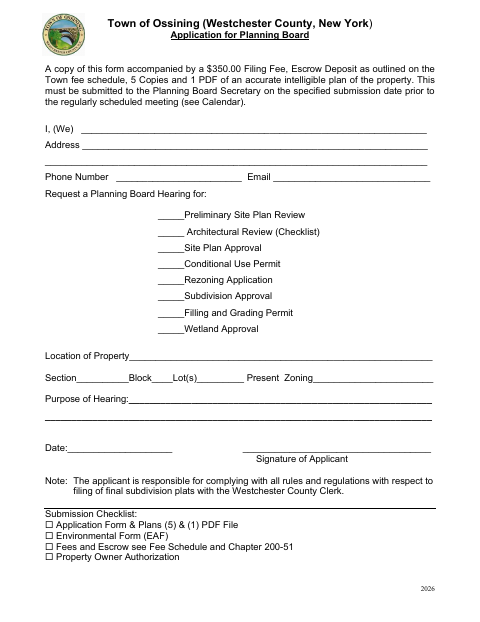 First page of the Application for Planning Board