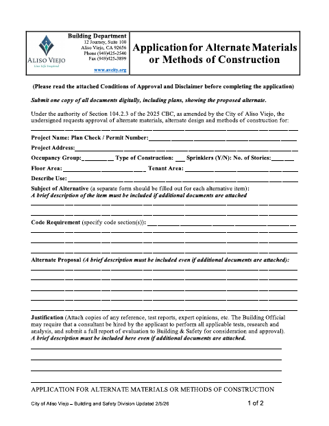 First page of the Alternate Materials or Methods of Construction