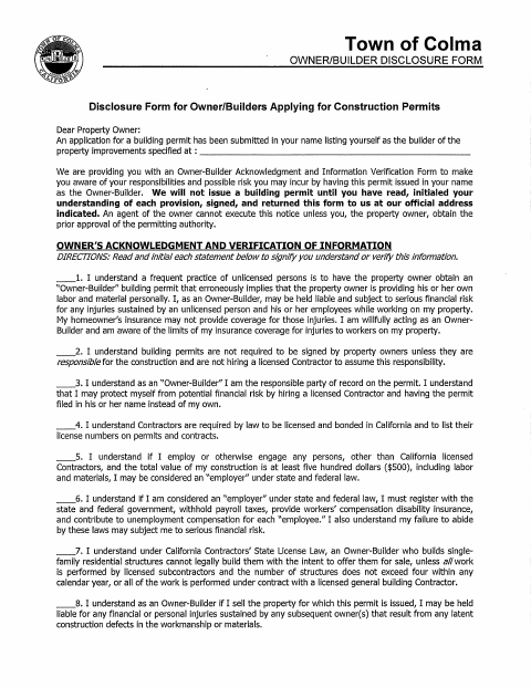 First page of the Disclosure Form for Owner/Builders Applying for Construction Permits