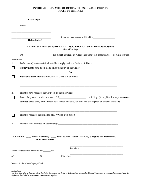 First page of the Post-Hearing Affidavit for Judgment and Writ of Possession