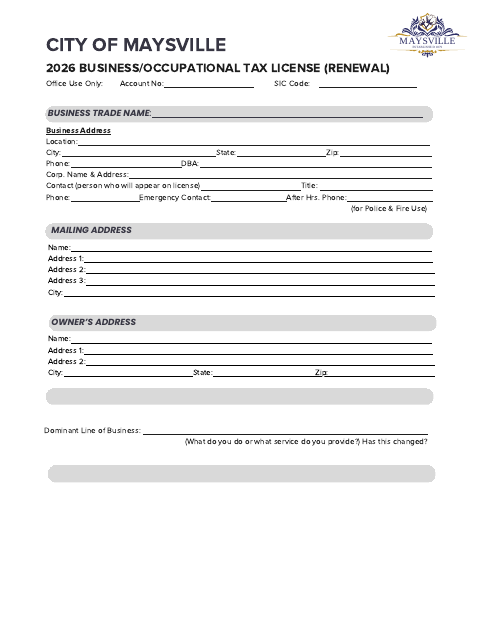 First page of the Business License Renewal and Status Affidavit