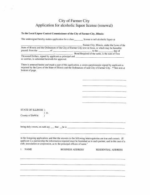 First page of the Alcoholic Liquor License Renewal Application