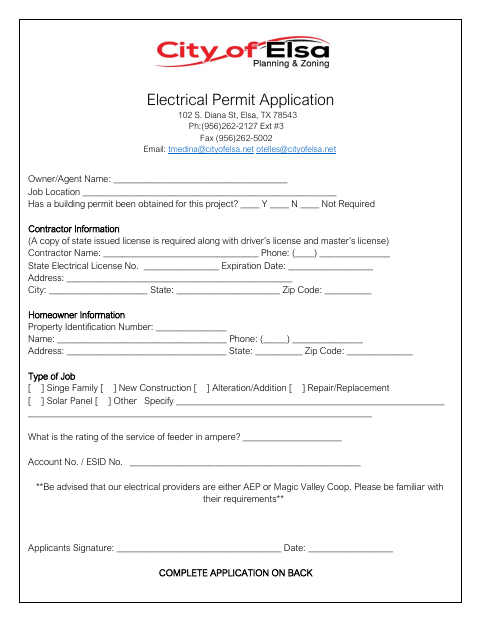 First page of the Electrical Permit Application