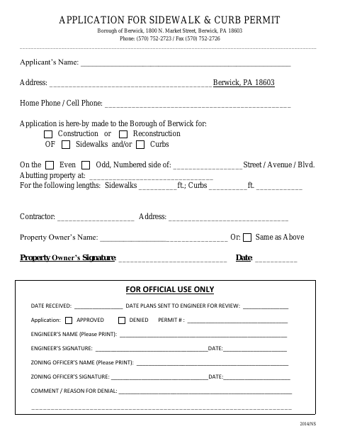 First page of the Application for Sidewalk and Curb Permit