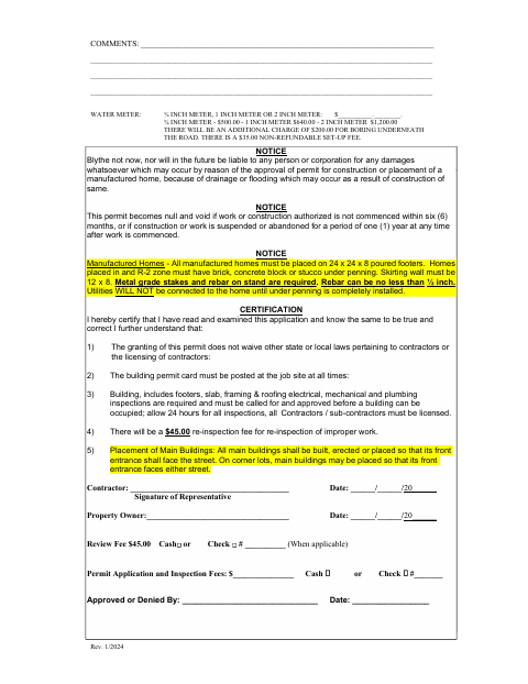 First page of the Manufactured Home / Water Meter Permit Application