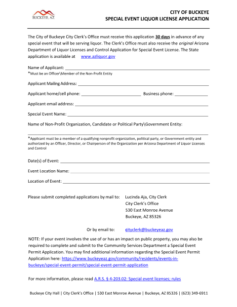 First page of the Special Event Liquor License Application