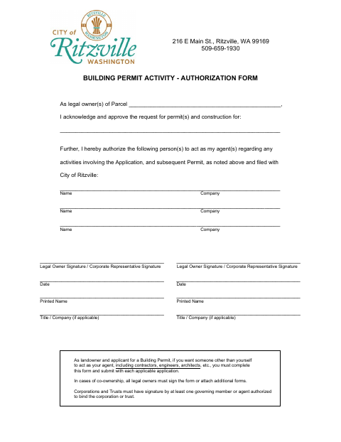 First page of the Building Permit Activity Authorization Form