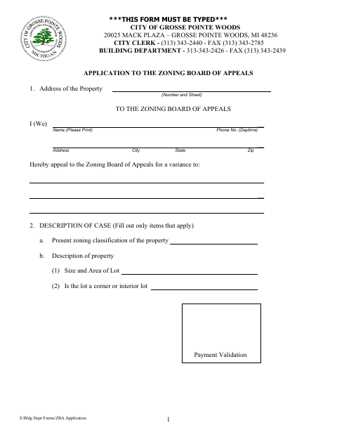 First page of the Zoning Board of Appeals Application