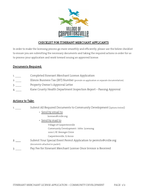 First page of the Itinerant Merchant License Application