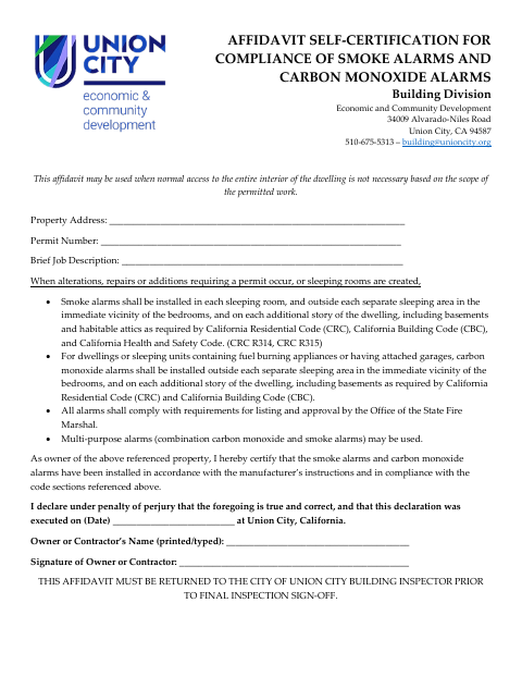 First page of the Affidavit Self-Certification for Smoke and Carbon Monoxide Alarms