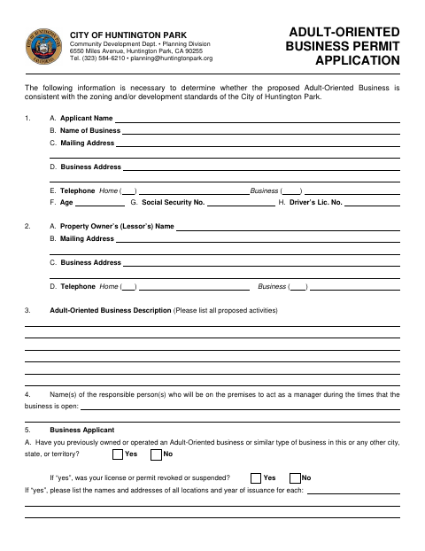 First page of the Adult-Oriented Business Permit Application