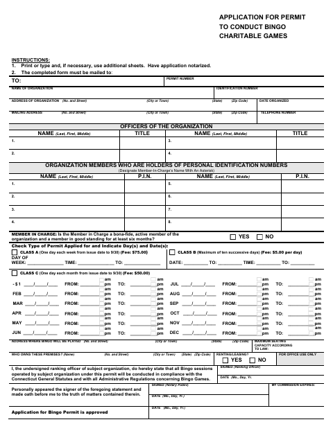 First page of the Application for Permit to Conduct Bingo Charitable Games