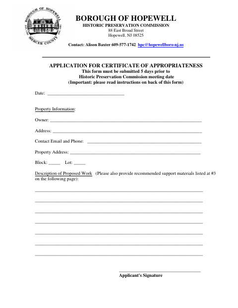 First page of the Application for Certificate of Appropriateness