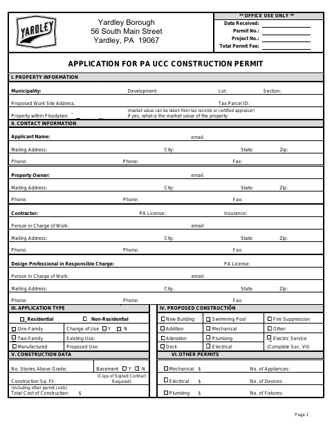 First page of the PA UCC Construction Permit Application