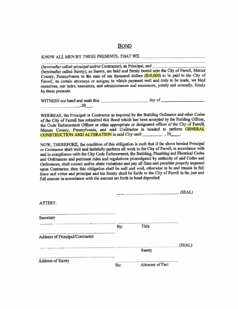 First page of the $10,000 Surety Bond