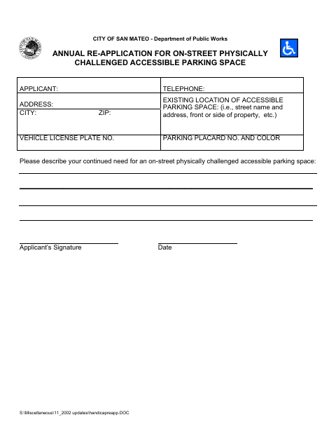 First page of the Annual Re-Application for On-Street Physically Challenged Accessible Parking Space